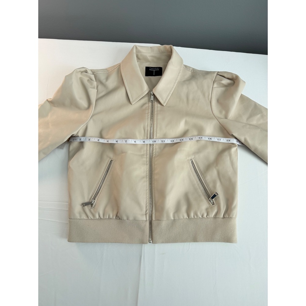 Tahari Faux Leather Jacket Womens Small Beige Puff Sleeve Bomber Moto - Picture 5 of 13